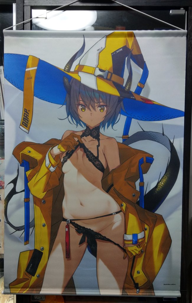 私物のDFタペストリー。ちなみにこの娘はC95のサークルカットにも起用されていました。